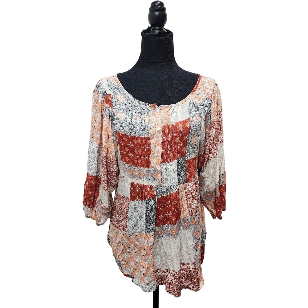 Hayden Los Angeles Patchwork Print 3/4 Sleeve Button Up Blouse - M